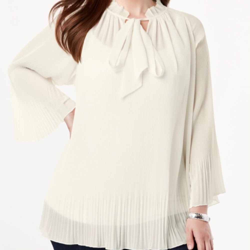 NEW ROAMAN’S Tie Neck Ruffle Pleated Blouse Sz 12